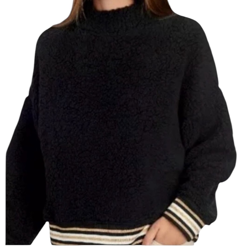 Nanette Lepore Snow Bunny Black Metallic-Trim Pull Sherpa Sweatshirt Large